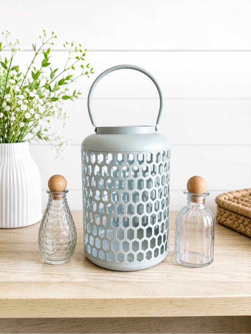 Modern Coastal Farmhouse Lantern & Glass Bottle Vase Décor Set of 3